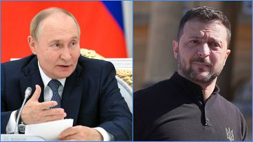 Vlagyimir Putyin orosz-, és Volodomir Zelenszkij ukrán elnök