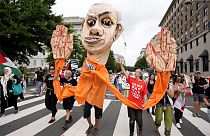 Demonstrators protest the visit of Israeli Prime Minister Benjamin Netanyahu to the White House during a rally on Thursday in Washington DC