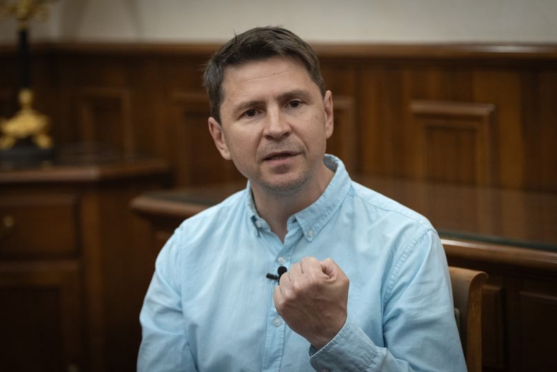 Ukrainian Presidential adviser Mykhailo Podolyak speaks during an interview with The Associated Press in Kyiv, Ukraine on Thursday