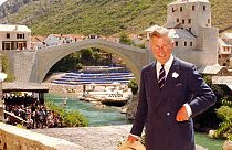Britain's Prince of Wales stands at a viewpoint near the rebuilt Old Bridge in Mostar, Bosnia Friday July 23, 2004.