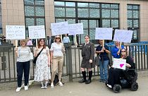Some of the patients protesting against Ocaliva's ban posing in front of the EU Council.