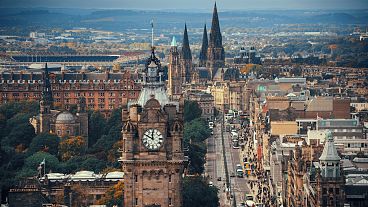 An aerial view of Edinburgh Victorian skyscraper skyline 