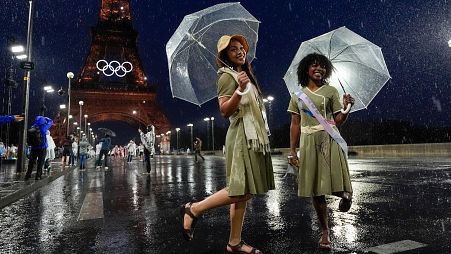 Rain falls on Madagascar athletes holding umbrellas during the opening ceremony of the 2024 Summer Olympics, Friday, July 26, 2024, in Paris, France. 