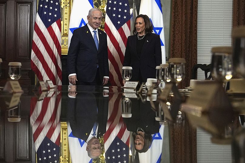 Vice President Kamala Harris and Israeli Prime Minister Benjamin Netanyahu appear before a meeting in the White House, July 25, 2024