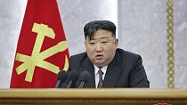 In this photo provided on Tuesday, July 2, 2024, by the North Korean government, North Korean leader Kim Jong Un delivers a speech during a meeting.