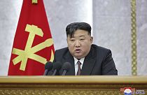 In this photo provided on Tuesday, July 2, 2024, by the North Korean government, North Korean leader Kim Jong Un delivers a speech during a meeting.