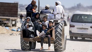 عائلة فلسطينية نازحة على عربة تجرها دابة