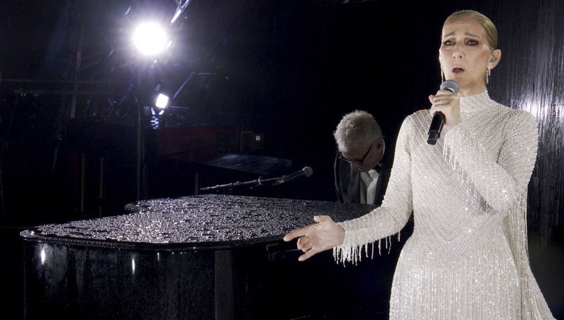 Canadian Singer Celine Dion performing on the Eiffel Tower during the opening ceremony for the 2024 Summer Olympics in Paris, France, Friday, July 26, 2024. 