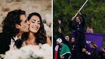Gimbo Tamberi with his wife Chiara Bontempi (left Instragram/gianmarcotamberi), and on the right during the Paris Olympics opening cermeony
