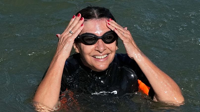 Paris Mayor Anne Hidalgo swims in the Seine river Wednesday, July 17, 2024 in Paris.