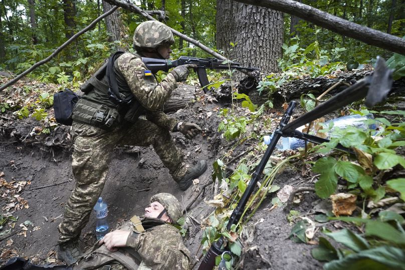 Ukrainian soldiers from the 3rd Spartan Task Force Brigade take part in tactical and medical training exercises at an undisclosed location in the Kharkiv region of Ukraine