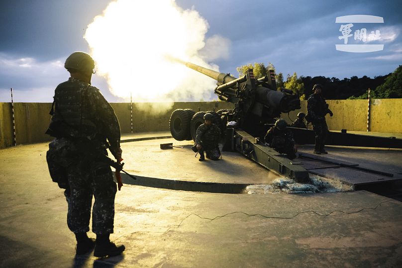 Soldiers launch a 155mm cannon during the annual Han Kuang military exercises in Mazu County, July 24, 2024