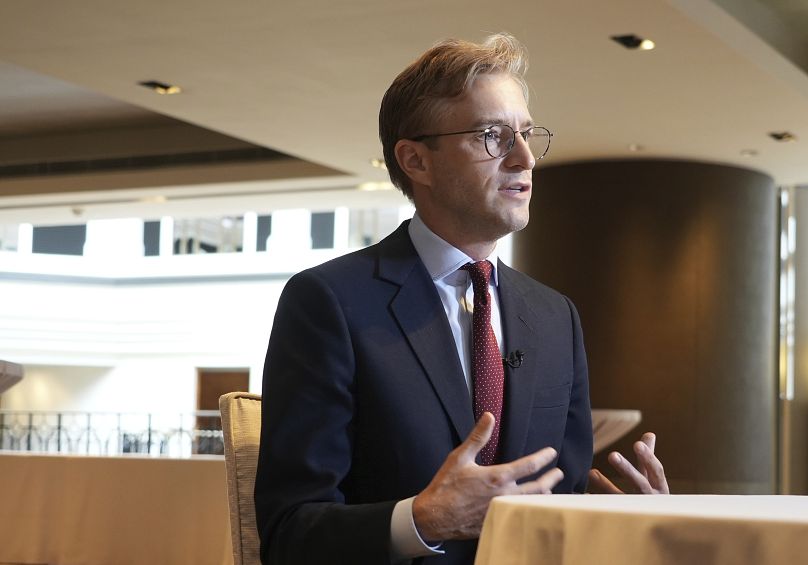 Luke de Pulford, Executive Director of IPAC, during an interview with The Associated Press in Taipei, July 27, 2024