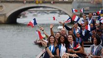 France's athletes on a boat on the Seine river during the Olympics Opening Ceremony, 26 July 2024