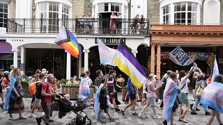 People take part in a Trans Pride protest march in Brighton, England, Saturday July 20, 2024.