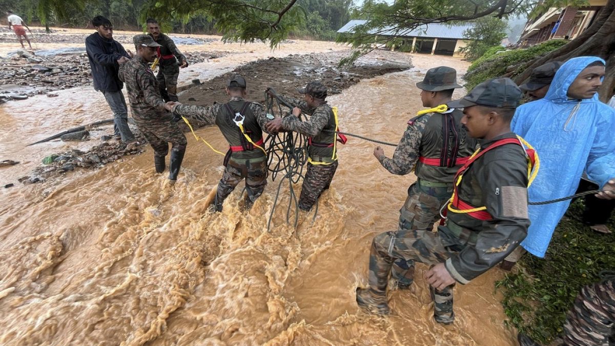 Indian army soldiers engaged in rescue operations at landslide affected village in Wayanad in southern Kerala, India, Tuesday, July 30, 2024.