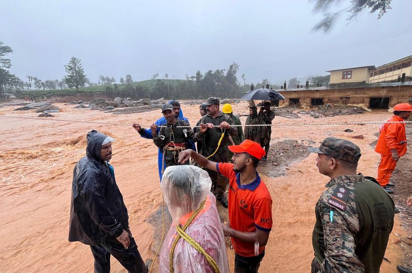 Indian army soldiers engaged in rescue operations at landslide affected village in Wayanad in southern Kerala, India, Tuesday, July 30, 2024.