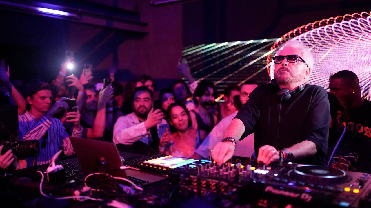 French musician Marc Cerrone performs during the DiscOlympics at Wanderlust night club at the 2024 Summer Olympics