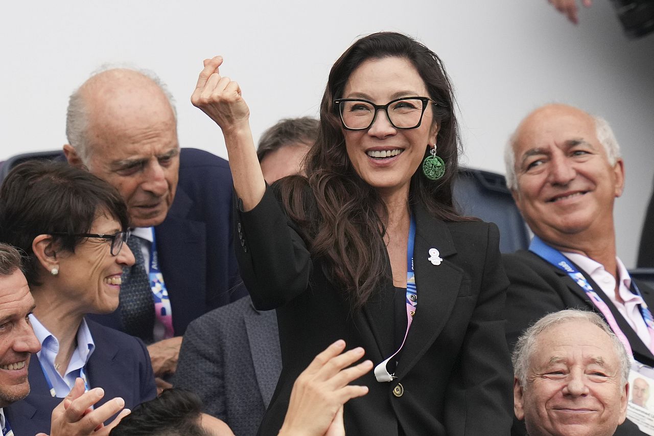  Academy Award winning actress Michelle Yeoh gestures in Paris, France, during the opening ceremony of the 2024 Summer Olympics