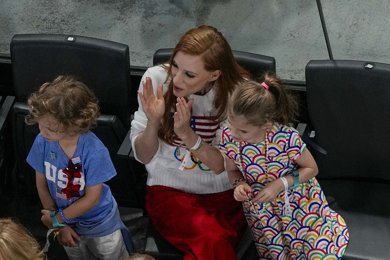 Actress Jessica Chastain cheers during a women's artistic gymnastics qualification round at the 2024 Summer Olympics