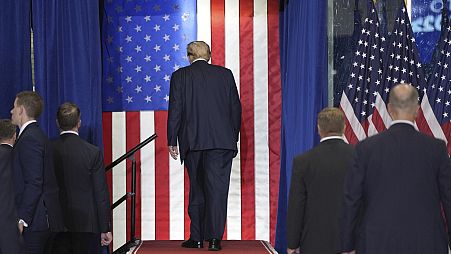 Republican presidential candidate former President Donald Trump walks off after speaking at a campaign rally, Saturday, July 27, 2024, in St. Cloud, Minn.