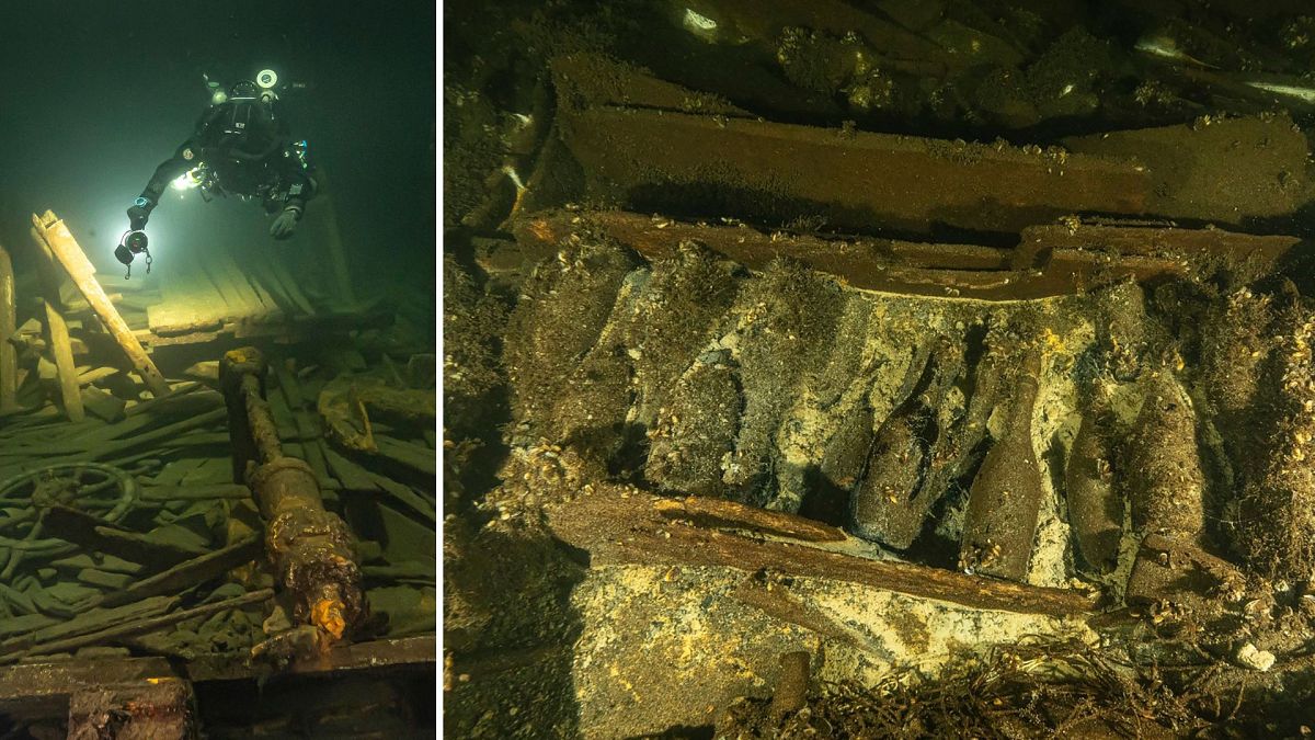 Ein Taucher des polnischen Baltictech-Teams untersucht das Wrack eines Segelschiffs aus dem 19.