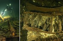 A diver from the Polish Baltictech team inspects wreckage of a 19th century sailing ship