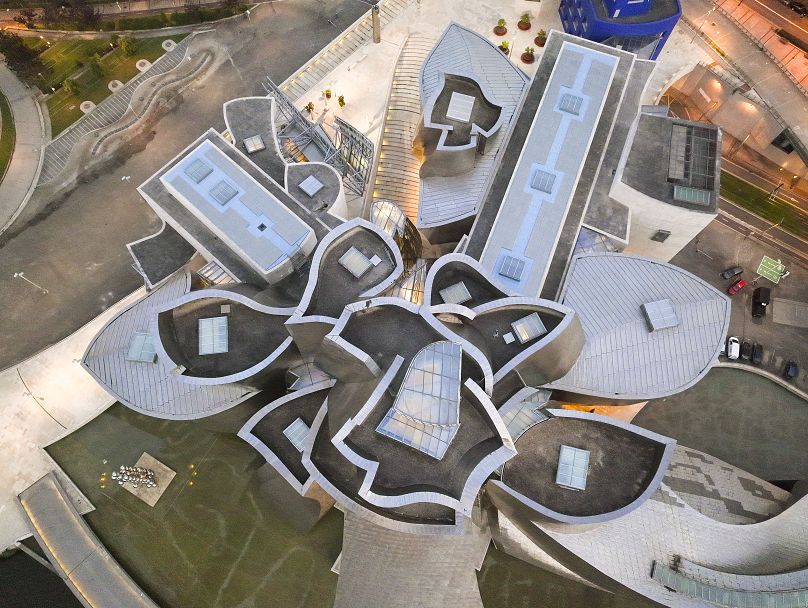 A drone shot of the Guggenheim Museum in Bilbao, Spain.