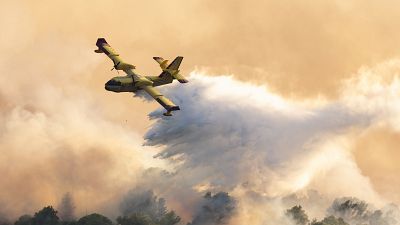 طائرة تحاول إطفاء حرائق الغابات في جزيرة تشيوفو، كرواتيا، الخميس 27 يوليو 2023.