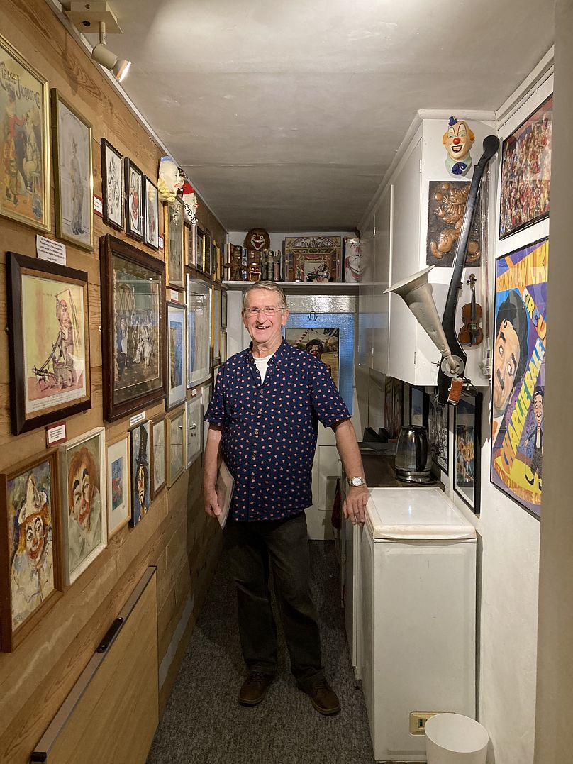 Some of Clown International's collection, which is stored in Mattie's hallway. 