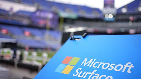 A Microsoft Surface logo near an NFL football game between the Houston Texans and the Baltimore Ravens, on Jan. 20, 2024, in Baltimore