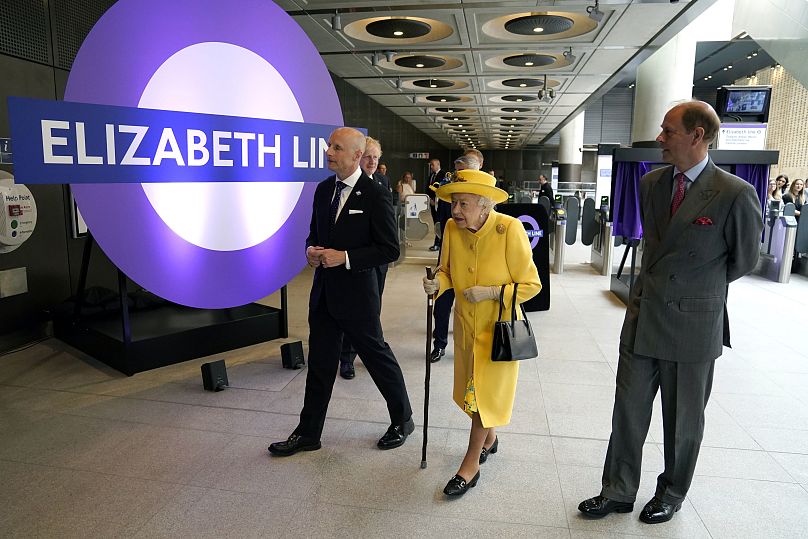 Britain's Queen Elizabeth II and Prince Edward meet Transport for London commissioner Andy Byford and staff at Paddington station, 17 May 2022.