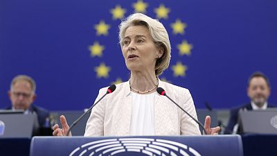 European Commission President Ursula von der Leyen at the European Parliament in Strasbourg, eastern France, Thursday, July 18, 2024.