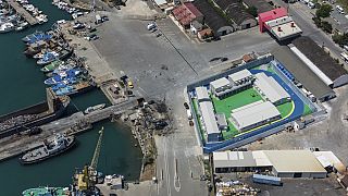 A migrant reception centre at the port of Shengjin, northwest Albania.