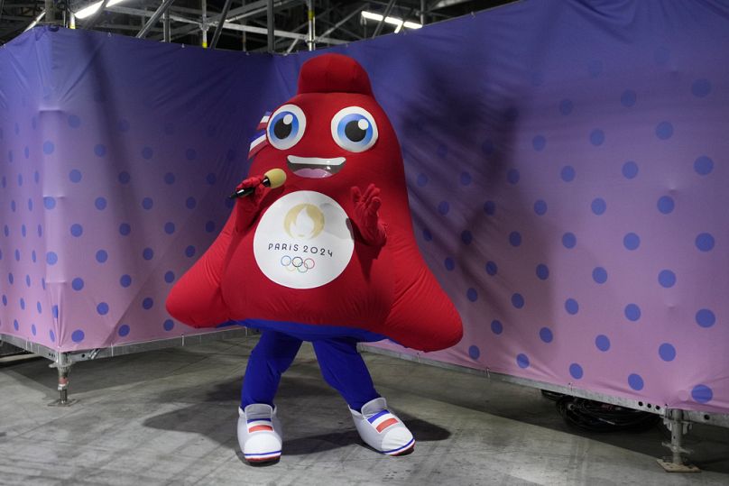 Olympic Phryge, the Olympic mascot, visits the North Paris Arena at the 2024 Summer Olympics, Saturday, July 27, 2024, in Paris, France.