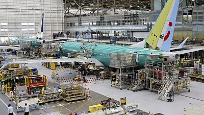A Boeing 737 MAX aircraft is shown on the assembly line at the Boeing facility in Renton, Washington. 25 June, 2024.