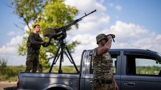 FILE - Ukrainian anti-drone unit servicemen search for Russian drones, in Avdiivka direction, Ukraine, Monday, May 6, 2024. 