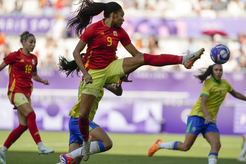 Spain's Salma Paralluelo stretches for a ball during a women's Group C soccer match between Brazil and Spain, at Bordeaux Stadium, during the 2024 Summer Olympics