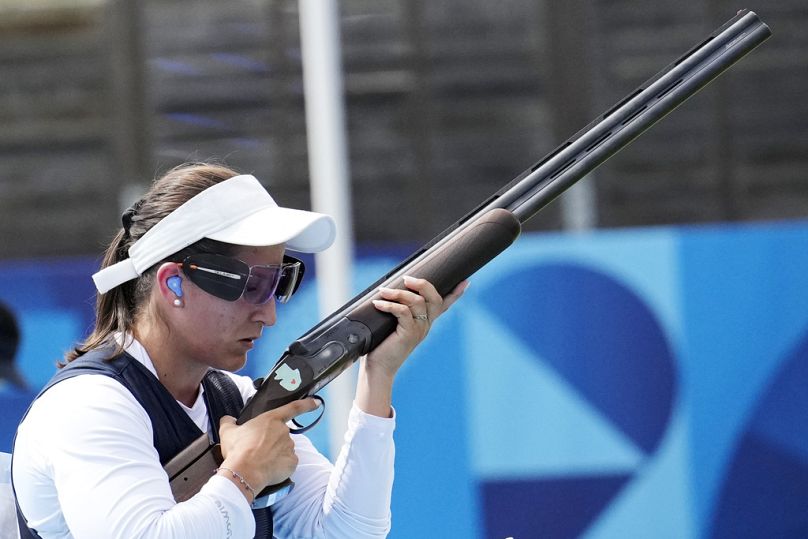 Guatemala's Adriana Oliva Ruano competes in the Trap women's final at the 2024 Summer Olympics, Wednesday, July 31, 2024, in Chateauroux, France