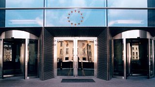 View on the entrance of the ASP building in Brussels