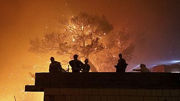 Firefighters gather near the wildfire in Tucepi, Croatia, late on Tuesday as much parts of Europe battle fires