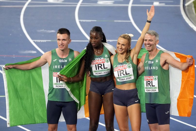 Grey hair isn't common for sprinters, but Ireland's 32-year-old Thomas Barr, right, poses with his teammates here after winning the 4x400m mixed relay at the EAC in June