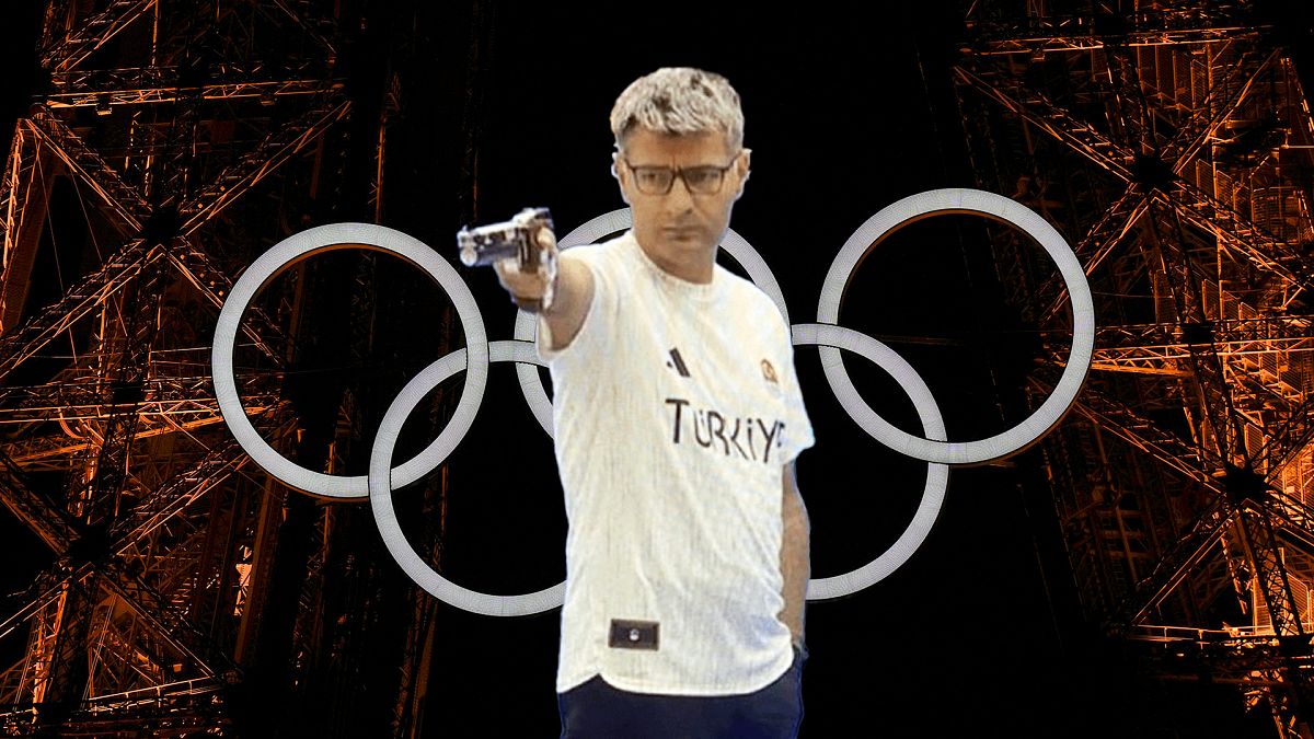 Il tiratore olimpico turco Yusuf Dikeç e il logo dei Giochi Olimpici di Parigi, collage