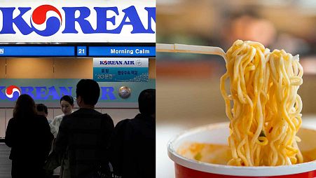 Passengers approach a Korean Air counter at Gimpo airport in Seoul, South Korea, Oct. 25, 2012. / A pot of instant noodles