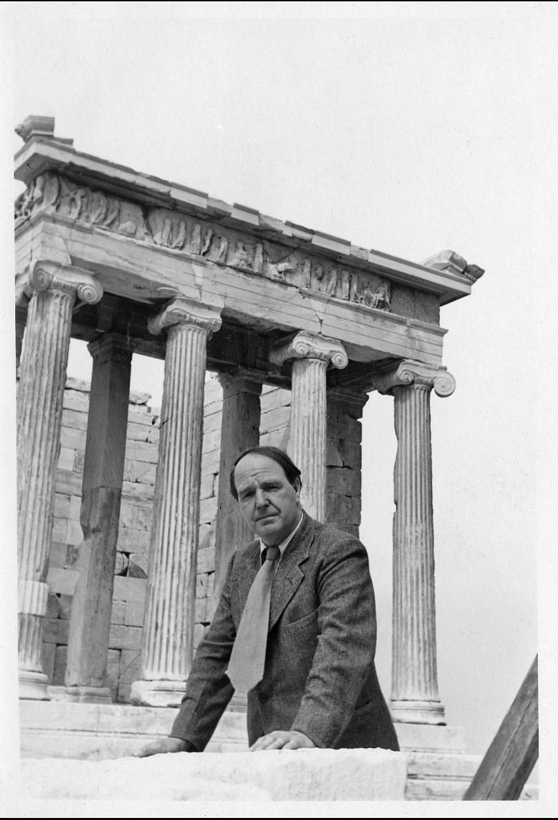 Henry Moore in front of the Temple of Athena Nike on the Acropolis, Athens, 1951.