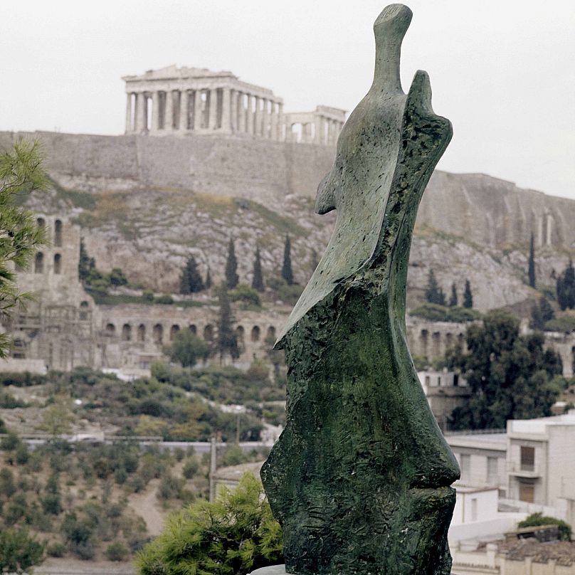 Henry Moore’s "Standing Figure: Knife Edge" (1961) installed on Philopappos Hill opposite the Acropolis as part of the First International Exhibition of Sculpture, Athens Fest