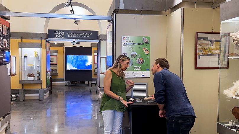 Professor Rossana Sanfilippo shows the fossils of molluscs that once inhabited the waters of Sicily