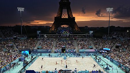 A beach volleyball match at Eiffel Tower Stadium at the 2024 Summer Olympics, Wednesday, July 31, 2024, in Paris, France. 