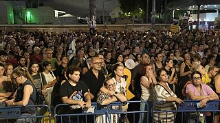 Families of hostages held in the Gaza Strip by Hamas and their supporters gather in Tel Aviv, Israel, Thursday, Aug. 1, 2024 to mark 300 days since their capture