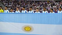 Argentina players pose for a photo during a quarterfinal football match between France and Argentina, at Bordeaux Stadium, during the 2024 Summer Olympics